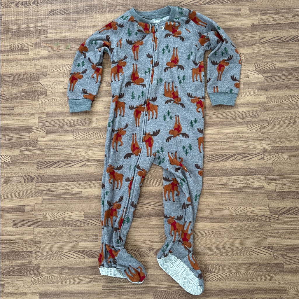 Carter's Gray One Piece Fleece Footed Sleeper With Moose And Tree Print